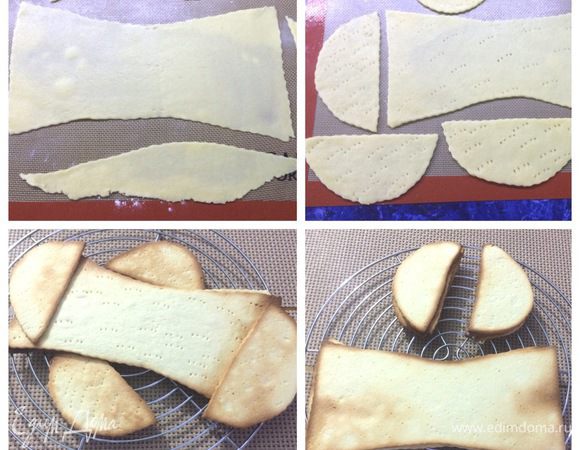 Я же раскатывала тесто довольно тонко и вырезала по шаблону (как на фото). Кроме того, я еще вырезала стаканчиком кружочки для будущих колес, фото, к сожалению, отсутствует, в процессе забыла.
Коржи/заготовки накалываем вилкой и отправляем выпекаться в разогретую духовку до 180°С минут на 7 — 10 до золотистого цвета (следите за духовкой). Складываем коржи стопкой.
Бисквит для нижнего яруса я выпекала по своему рецепту: http://www.edimdoma.ru/retsepty/81017-iyulskiy-tort