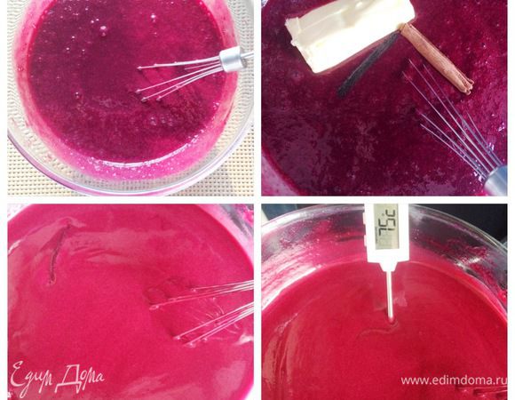 Полученную массу в огнеупорной посуде ставим на водяную баню. Добавить сливочное масло, палочку корицы и ванили. Постоянно помешивая, доводим смесь до загустения, это примерно минут 20 — 25. Я измерила температуру термометром. Масса стала густеть при температуре на моем градуснике 75°С, значит, яйца прошли термообработку, что очень важно. Снимаем курд с бани и охлаждаем. Я для ускорения процесса поставила в холодную воду. Затем накрыла миску пленкой пищевой и отправила в холодильник до следующего вечера.