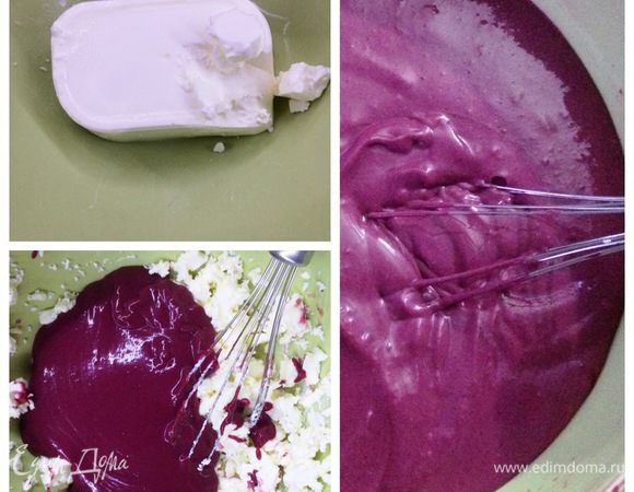 Второй этап: собираем торты/ярусы.
К охлажденному курду из смородины я добавила сливочный сыр, все взбила и получила смородиново-творожный крем.