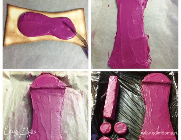 Вот на фото видна сборка скейта. Промазываем коржи кремом, соединяем детали. И еще забыла уточнить, что я пекла кроме кругляков для колес еще и прямоугольные пластины, которые в итоге соединила в виде прямоугольника, так я решила сделать подставку для скейта, т. к. понимала, что на одних колесах он точно не удержится. Я не инженер, не архитектор, на что хватило моей смекалки, вот то и сделала. Оборачиваем пленкой наши заготовки и отправляем в холодильник до утра (на пропитку).