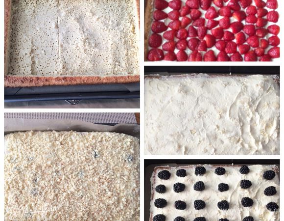 А это сборка нижнего яруса, также можно посмотреть мой рецепт: http://www.edimdoma.ru/retsepty/81017-iyulskiy-tort. Единственное отличие — это форма и использование других ягод.
Собранный торт отправляем в холодильник.