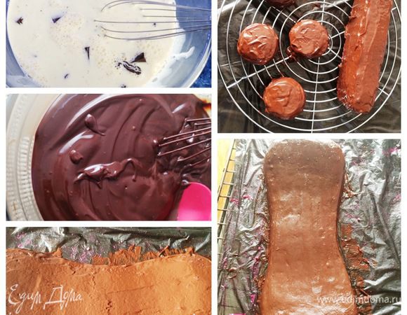 Для того, чтобы покрыть торт мастикой, нам предварительно необходимо покрыть его ганашем или масляным кремом, чтобы мастика не потекла.
Ганаш готовится очень просто. Доводим сливки до кипения, но не кипятим, и выливаем на поломанный на кусочки шоколад. Оставляем минуты на 2, затем тщательно перемешиваем смесь до однородной массы. Ганаш готов.
Т. к. торт у нас обмазан бисквитной крошкой, мы для начала наносим тонкий слой ганаша, как бы затирая крошки. Ставим торт в морозилку для более быстрого застывания ганаша. Так поступаем со всеми деталями торта, а также с нижним ярусом/тортом. На фото он отсутствует.
Когда после первого тонкого слоя ганаш застыл, покрываем уже более толстым слоем, чтобы можно было торт выровнять. Опять отправляем в холодильник, пока ганаш не застынет. Затем при помощи горячего ножа или спатулы выравниваем наши торты, т. к. мастику надо укладывать на ровный и охлажденный торт. Т.к. мне не нужны были идеальные углы, а могли быть закругления, я даже при помощи тепла рук в некоторых местах разравнивала ганаш, особенно это касается колес, они точно круглые. 