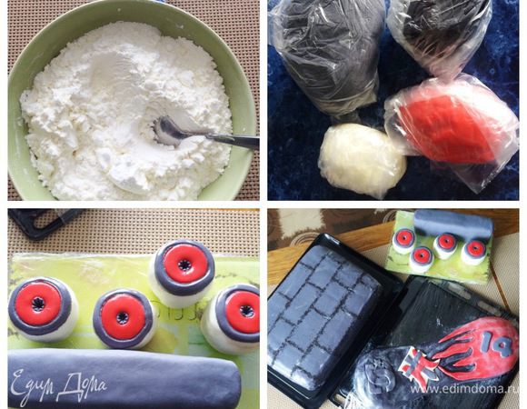 К сожалению, в процессе готовки не всегда есть возможность фотографировать всю мелочь, т. к. либо руки очень грязные, либо речь идет о секундах, когда нужно все очень быстро сделать, поэтому в тот момент не до фото. Я  все постаралась описать понятно и детально.
Последний этап — это приготовление мастики.
Здесь вроде все просто, да не очень. Прочитав рецепт, я подумала, что ничего сложного, но как оказалось, сахарной пудры ушло намного больше, нежели приводилось в рецепте, а в рецепте было 350 грамм, я указала 500 (но это на глаз). В ингредиентах не было детской смеси Малютка, я указала сухое молоко.  Возможно много еще зависит от сгущенки, не знаю, но моя мастика все же была жидкой, я все досыпала и досыпала сахарную пудру, поэтому в итоге не готова сказать, сколько же ее у меня ушло.
Для мастики смешиваем смесь Малютка с сахарной пудрой, добавляем лимонный сок и сгущенку, замешиваем мастику до состояния, пока не липнет к рукам.
На глаз поделила мастику на четыре части, т. к. мне нужно было четыре цвета. Добавляем цвета красителя и тщательно вымешиваем до получения однородного цвета. Мастику укладываем в пакеты, заворачиваем и отправляем в холодильник минут на 30.
Затем, используя крахмал, раскатываем мастику до необходимых размеров и покрываем торты (обязательно охлажденные). При помощи шаблонов, вырезаем детали, которыми украшаем торт. Детали можно приклеить при помощи кисточки и небольшого количества воды. Остатки крахмала аккуратно стряхиваем мягкой кисточкой. И последний штрих, при помощи кисточки и водки/коньяка наносим блеск, вернее мастика начинает блестеть. Еще я использовала серебристый кандурин для создания мерцающего эффекта. 