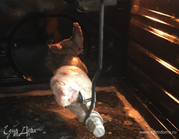 Ставим на низ противень с водой. Кролика будем готовить двумя способами для того, чтобы он не был сухим. Сначала ставим на 200°С на нижней конфорке (периодически подливая воду) на 30 минут. Затем включаем гриль на 40 минут. Сам вертел должен крутиться и на нижней, и на верхней конфорке для равномерности.