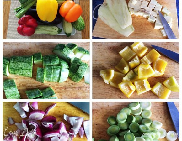 Овощи помыть, очистить, нарезать крупным кубиком.
Баклажан я очистила от кожуры, положила в отдельную миску и посолила. Пока нарезала остальные овощи, баклажан пустил сок, я отжала и добавила к остальным овощам.