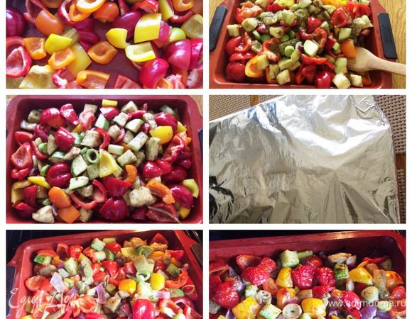 В форму для выпекания складываем все нарезанные овощи. Посолить, поперчить по вкусу. Полить маслом, примерно 100 — 150 мл, у меня оливковое, можно подсолнечное. Посыпать по желанию орегано или другими любимыми травками. Еще раз все тщательно перемешать. 
Накрыть форму фольгой и отправить овощи выпекать минут 30, при температуре 160 — 180°С. Спустя 30 минут снять фольгу и дать овощам подрумяниться еще минут 10 — 15 (следим за духовкой).