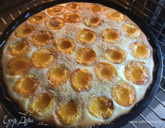 Форму диаметром 28 см смажьте маслом, вылейте тесто, выложите половинки абрикос, срезом вверх. Присыпьте пирог оставшимся сахаром и выпекайте в духовке 45 минут.