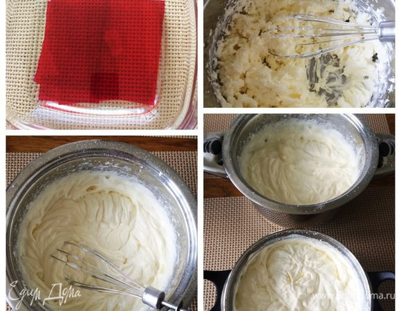 Желатин (у меня листовой красного цвета 7,5 пластин из 12 в пачке) залить водой и оставить минут на 5 — 7. Распустить на водяной бане, не доводить до кипения.
Сливочный сыр взбить с сахарной пудрой и щепоткой соли. Отдельно взбить сливки. Соединить сливки и сливочный сыр, взбить вместе. К распущенному и остывшему желатину по чуть-чуть добавлять крем и тщательно перемешиваем. Затем желатиновую массу добавляем ко всему крему. Творожный слой готов. 