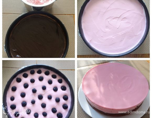 Собираем торт.
На застывший корж с шоколадом выкладываем часть творожной начинки, сверху укладываем ежевику (количество регулируем по своему вкусу). Затем покрываем оставшейся творожной начинкой, разравниваем и отправляем в холодильник до полного застывания (у меня ночь простоял).
Для того, чтобы аккуратно торт извлечь из формы и бока остались целыми, воспользуемся феном. Обдуваем немного форму и вынимаем торт. 