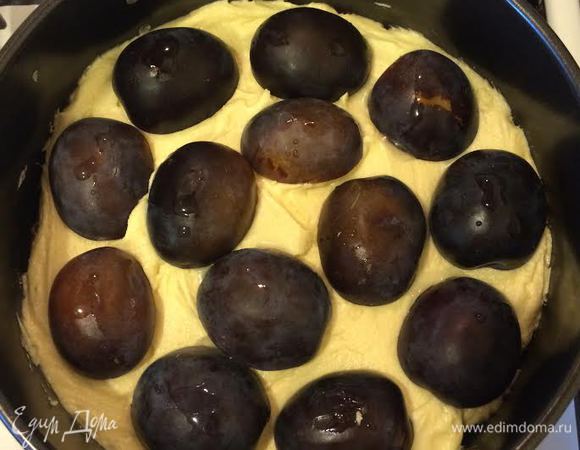 Форму (диаметр 20 см) слегка смазать маслом и присыпать мукой. Выложить тесто, разровнять. Сверху аккуратно выложить половинки слив (сливы лучше брать сорта Венгерка).