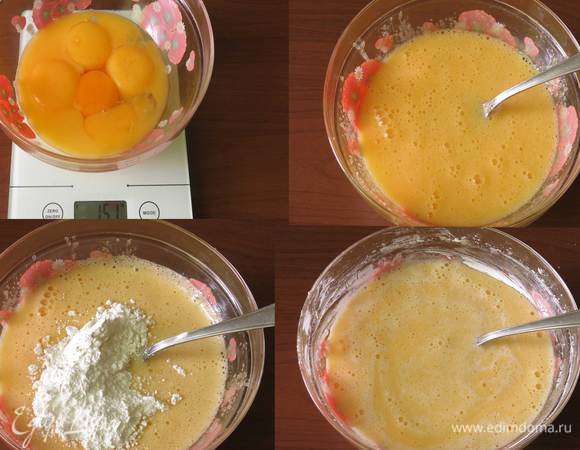 Сперва займемся кремом, он составной. Крем заварной — отделяем желтки, отмеряем 150 г, (4 крупных желтка и 1 средний). Соединяем желтки с сахаром и перемешиваем. Всыпаем 32 г крахмала (в исходнике рисовый и кукурузный), у меня только кукурузный. Все перемешиваем, использовала обычную вилку, обошлась без миксера.