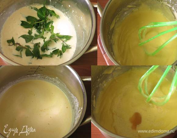 Готовим молочную часть крема, соединяем сливки и молоко, кладем мяту и кипятим. Заливаем водой желатин. Вынимаем мяту, отжимаем, немного молока вливаем в яйца, смешиваем. Вливаем оставшееся молоко. Ставим на огонь, даем появиться пузырькам у края жидкости, по исходному рецепту необходимо было интенсивно взбивать несколько секунд и снять с огня. За это время мой крем не стал достаточно густым, поэтому я уменьшила огонь и взбивала 2 минуты. Крем снимаем, даем немного остыть и вливаем желатин, тщательно перемешивая. В исходном рецепте использовался листовой желатин и формовка не предусматривала слой крема без бортика теста, поэтому я немного увеличила пропорции желатина, 8 г листового равняются 12 г гранулированного желатина.