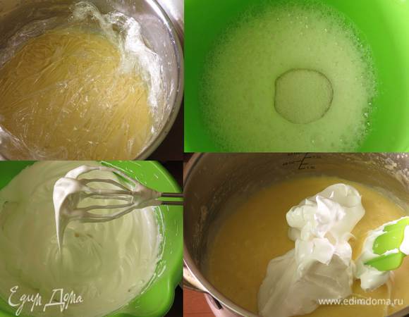 Накрываем крем пленкой и отставляем, в холодильник не ставим. Готовим итальянскую меренгу. Соединяем белки 175 г (5 белков и еще немного) с 100 г сахара, взбиваем. Готовим сироп — 200 г сахара и 60 мл воды — нагреваем на сильном огне до растворения сахара, если есть термометр — температура 121°С. Фото не выставляю, все очень быстро закипает. Взбиваем белки и вливаем сироп, продолжаем взбивать до устойчивых пиков. Порциями вводим белки в заварной крем.