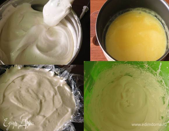 Крем получается воздушным. Выкладываем крем в форму, выложенную пленкой, и ставим в холодильник на пару часов. Готовим бисквит. На этот раз вес белков не измеряем, используем 6 штук (или то, что осталось после взвешивания 175 г). Нагреваем 100 г масла. Взбиваем белки с 2 ст. л. сахара, постепенно вводим оставшийся сахар.