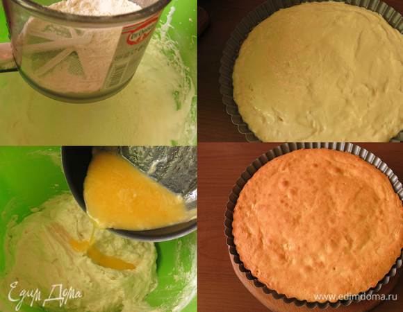 Всыпаем в белки муку с разрыхлителем и крахмалом. Аккуратно смешиваем. Вливаем остывшее масло. Выливаем тесто в смазанную маслом форму. Использовала специальную форму с выемкой. В обычном бисквите после выпекания нужно будет снять слой. Выпекаем 30 минут при 180°С. Даем немного остыть и вынимаем из формы.