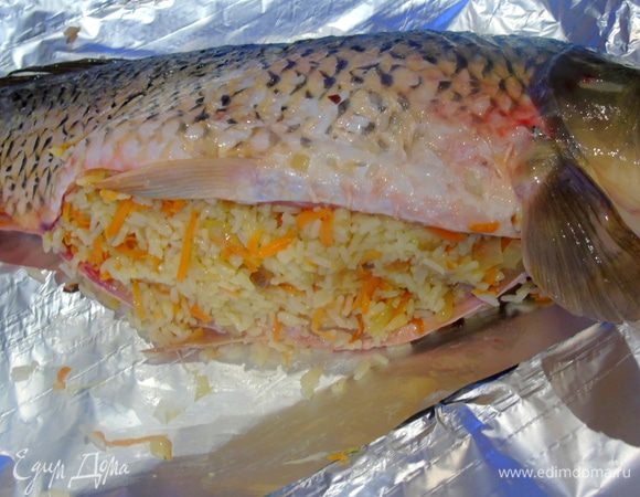 Карпа выложите на фольгу, нафаршируйте начинкой