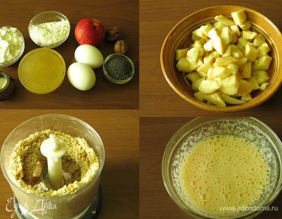 Подготовим орехи, мак, яблоки, мед, яйца, муку, крахмал, соль. Пропорции и состав подбирала в процессе приготовления, в бисквите по задумке должны были ощущаться орехи, мак кроме вкуса должен был украсить тесто полоской. 
Перед приготовлением бисквитного теста  измельчим орехи, нарежем яблоки и сбрызнем  лимонным соком.
Для бисквита соединим 4 (85 г) желтка и 80 г меда.