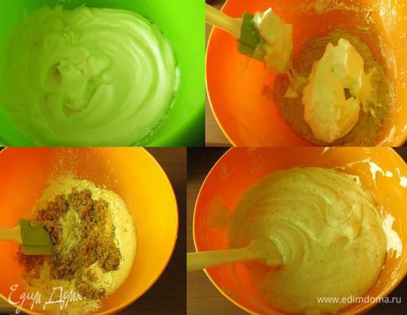 Взбиваем белки (195 г). Начнем взбивать белки с щепоткой соли, постепенно вводим 120 г меда, взбиваем 10 — 12 минут.
Соединяем орехи, желтки, просеянные муку и крахмал. Для удобства соединения перед введением муки и крахмала можно вмешать аккуратно ложку белков в желтковую массу.

В получившуюся массу вводим белки.

Получается ореховое тесто.