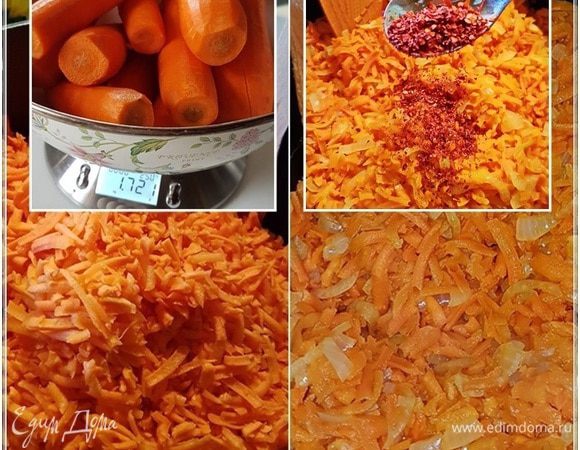 Как только лук запрозрачновеет, вернее, начнет прозрачноветь, отправляем к нему морковь.
Два слова. Моркови мы взяли кило семьсот, т.е. половину веса синеньких. И натерли ее на крупной терке. 
После того как морковь попала в кастрюлю, опять-таки сразу же очень тщательно, но деликатно перемешать. 
Из специй и приправ я добавил только чайную ложку красного перца. Не острого. Это сладкая паприка, но нотка остренькая все-таки есть. А что еще использовать из приправ и специй, тут полная свобода — кому что нравится, то и используйте.
