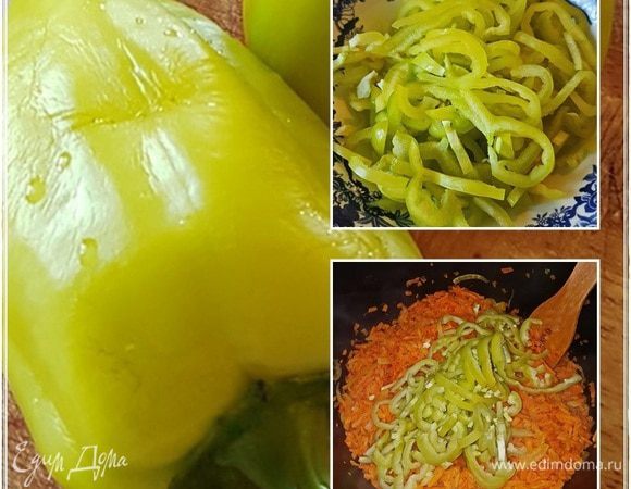 Пару-тройку перцев свежих добавить, тоже, знаете, лишним не будет. Режьте только потоньше.
И перцы закладывать стоит уже тогда, когда морковь смягчится и вот-вот готова будет. Что значит «готова»? А она должна стать мягко-упругой. Чтобы не хрустеть ей, грызть, но и расползаться в пюре ни к коем случае она не должна.
