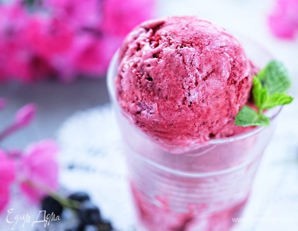 Соединяем в большой миске оба вида мягкого мороженого (сливочное и черносмородиновое), слегка перемешиваем и переносим в емкости для окончательного замораживания в морозилке. Готово! 