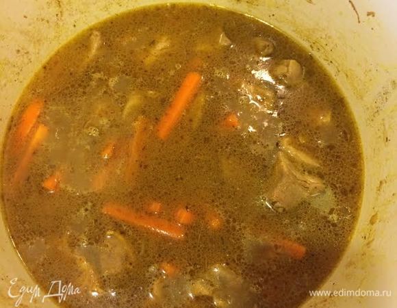 Залить водой, вода должна покрыть мясо, накрыть крышкой и тушить на медленном огне 40 — 50 минут.