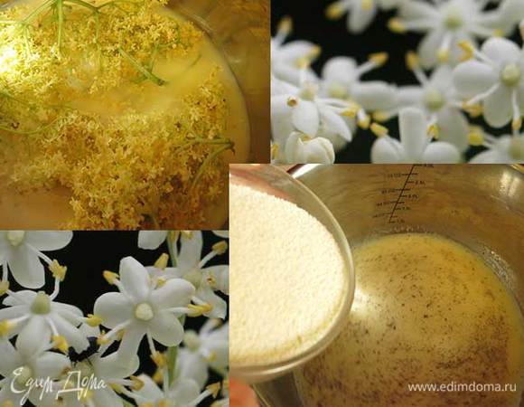 Нагреваем молоко с соцветиями, вынимаем цветы, насыпаем сахар, ванильный, перемешиваем, всыпаем манку, варим, помешивая.