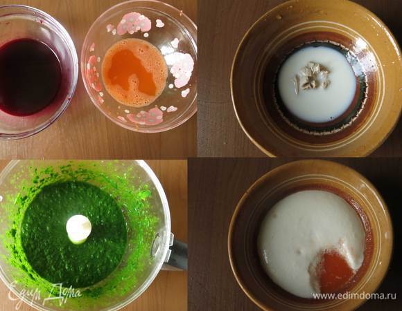Отвариваем свеклу, из сырой свеклы получится при запекании темный цвет, при отваривании сохраняется яркий тон. Отжимаем сок, всего надо 110 мл.
Отжимаем сок моркови, добавляем пару ложек сока свеклы для яркости, общий объем 110 мл.
Измельчаем шпинатную массу, необходимо 110 мл пюре.
Заливаем в 4 миски по 10 г дрожжей молоком с ложкой сахара.
Через 15 минут происходит активное брожение.
Добавляем в каждую плошку сок (пюре).
