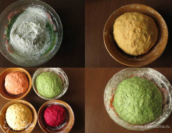 В каждую плошку добавляем муку, замешиваем, количество муки варьирует от количества жидкости, добавляем масло растительное и соль.
Получается 4 вида теста.
Даем тесту подойти 1 час. 