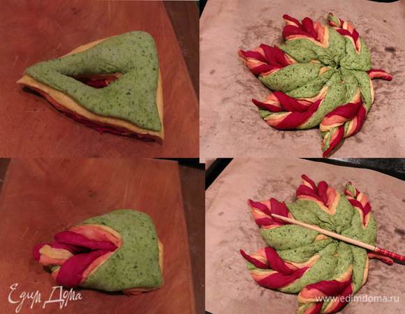 В 6 секторах делаем разрез посередине, дважды прокручиваем край через разрез. Вытягиваем край, формируем острое окончание листа. Подбираем сочетание слоев и цветов, получаем различные рисунки.
2 оставшихся сектора разрезаем пополам, получается 4 маленьких сектора, делаем разрезы в каждом и формируем аналогично большим секторам. 
Соединяем 3 больших сектора и 2 малых по краю, получается лист.
Прижимаем сектора палочкой.