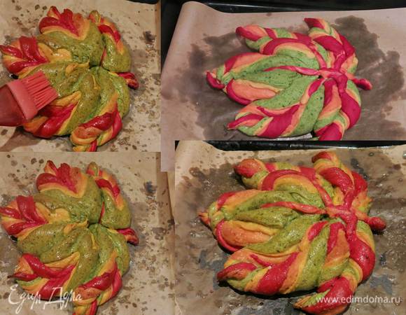 Повторяем действия с оставшимися секторами и тестом.
Как вариант оформления из теста — делаем прожилки, соединяем с листом.
Даем тесту подойти, выпекаем 10 минут при 230°С, 30 минут при 200°С. Смазываем хлеб растопленным маслом. 