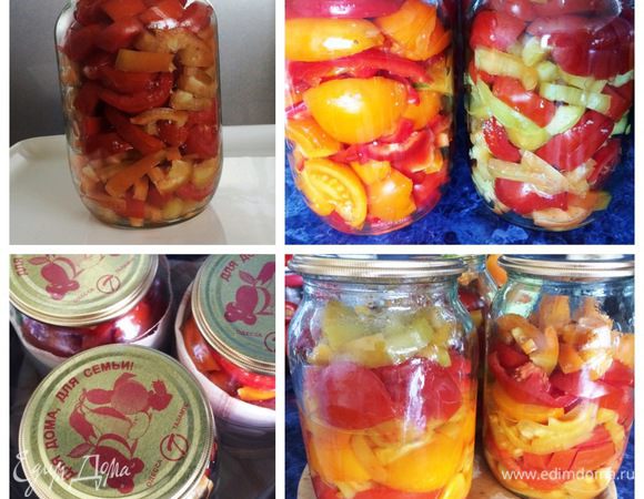 Были у меня и желтые помидоры в наличии, поэтому я решила добавить красок в банки. Укладывала желтые помидоры с красным перцем, а красные помидоры с зелено-оранжевым. 
Наполненные банки нужно простерилизовать. Делаю я это по старинке, т.е. в кастрюле. Наполняем кастрюлю с банками холодной водой, ставим на медленный огонь, чтобы банки постепенно нагревались. После закипания воды стерилизуем банки 20 минут. Салат немного осядет в банке, но для меня это не беда. Я беру одну из банок и распределяю аккуратно ложкой содержимое, т.е. наполняю остальные банки до краев. Таким образом из стерилизованных 6 банок в итоге у меня получилось 5, зато полных.