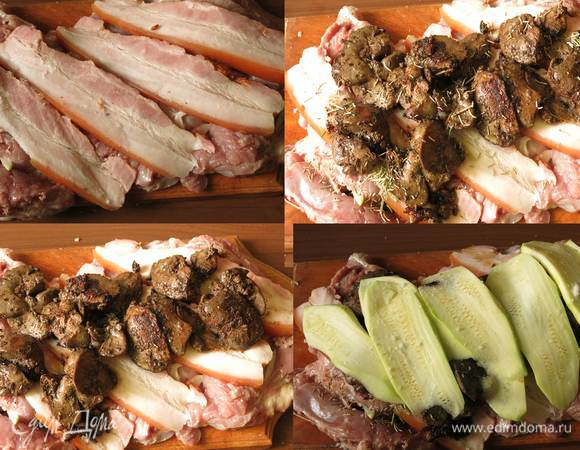 Выкладываем полоски бекона.
На бекон печень. Посыпаем остатками розмарина.
Кладем слайсы кабачка. Расход 0,5 кабачка.