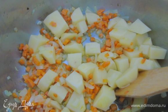 Добавьте нарезанный картофель, который лучше нарезать не крупно, потушите 5 минут.