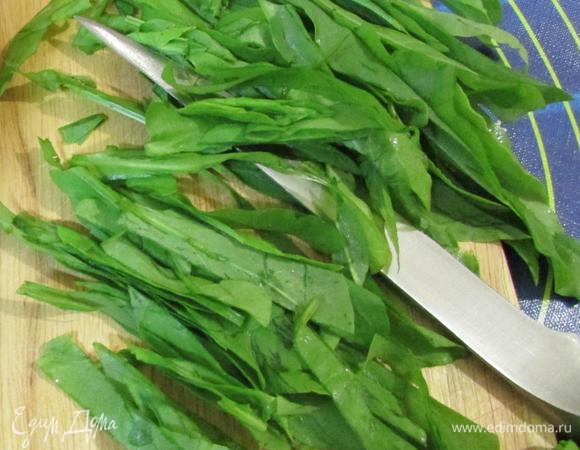 Щавель нарезать поперек полосками 0,5 — 1 см.
