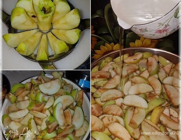 Яблоки, для начала, нужно нарезать и вычистить все серединки и семечки. Способов тут масса. Можно просто ножиком, а можно с помощью вот такого нехитрого, но весьма удобного девайся, по-современному выражаясь. Очень удобно и быстро процесс происходит.
Про пропорции замечу. Мы взяли четыре с половиной килограмма яблок. Уже в чистом и измельченном виде.
Яблоки загрузить в емкость подходящую, воды понадобится всего стакан-полтора. Воду вылить на дно кастрюли, а уж потом выложить в нее яблоки.
