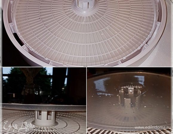 Состоит он из вот таких поддонов. Горячий воздух поднимается по центральной шахте и продувает каждый поддон. На решетку поддона укладывается вот такая силиконовая тонкая пластина. Там еще кое-что в комплекте продается, но об этом будет речь в других рассказах. 
А потом эти блоки-поддоны собираются в колонну. Говорят, что можно аж по пятидесяти таких поддонов собирать. Не знаю. Больше десяти не пробовали.

