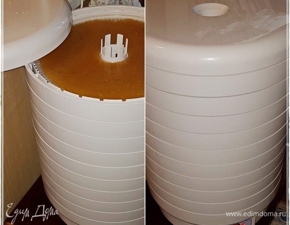 Для заполнения десяти имеющихся у нас поддонов как раз и хватило массы, которую мы приготовили из четырех с половиной килограммов яблок и девятисот граммов сахара. Не осталось ничего лишнего и недостатка не испытали.
Выставляем температуру шестьдесят пять градусов и включаем агрегат.
