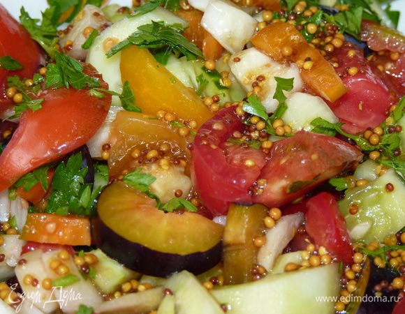 По желанию отдельно подать заправку: горчица в зернах, белый бальзамический уксус, перец свежемолотый. Некоторые потребовали такой же салат с зеленью.