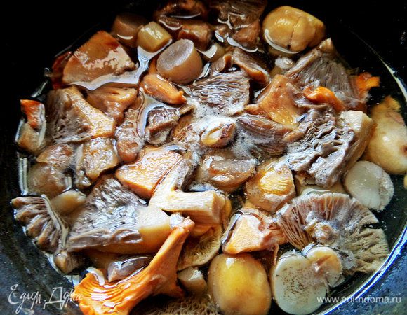 Грибы чистим, моем в 3 водах, отделяем шляпки, делим пополам или на четверти, варим минут 10. У меня сбор: лисички, лесные шампиньоны, польский гриб.