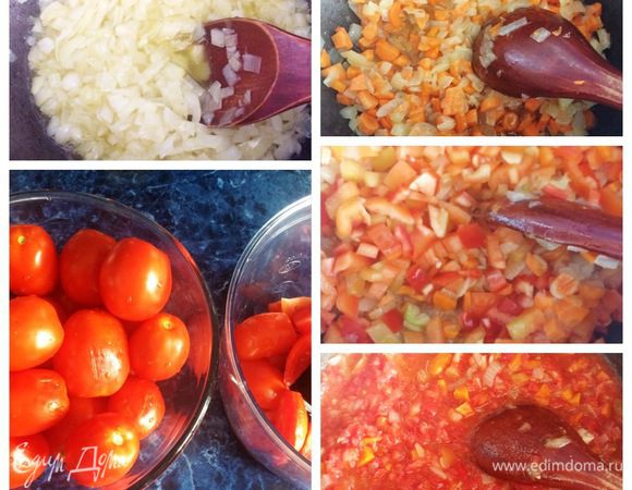 Моем и чистим лук, морковь (у меня крупные), томаты (у меня средние) и 4 болгарских перца. Нарезаем кубиками лук, морковь и перец. В казанок  наливаем растительное масло и отправляем  лук. Обжариваем его до мягкости. Затем добавляем морковь и продолжаем обжаривать, пока морковь не обмякнет. Отправляем нарезанный свежий болгарский перец и еще немного обжариваем, постоянно помешивая овощную смесь. Томаты нарезаем дольками  и пробиваем их в блендере. Добавляем полученный томатный сок к овощам. Доводим до кипения, уменьшаем огонь и немного увариваем/выпариваем жидкость, минут 15 — 20 (зависит от помидоров, насколько они были мясистыми).