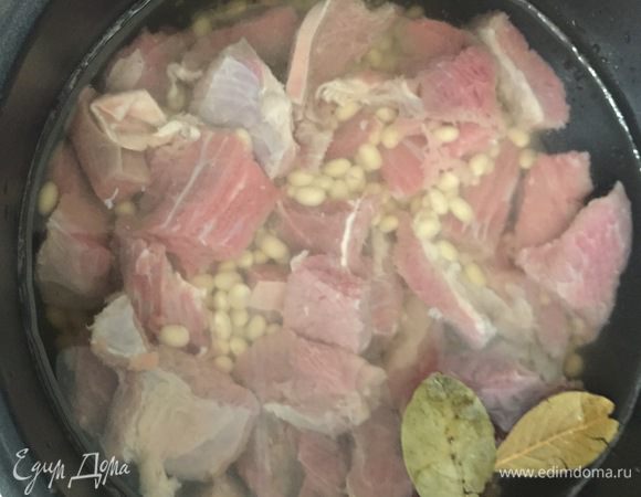 Кладем в мультиварку мясо и фасоль, добавляем соль, лавровый лист и наливаем воду на один см выше. Ставим на режим тушение на один час. 