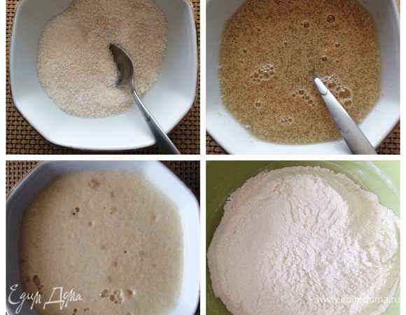 Сахар смешать с дрожжами, залить теплой водой и оставить минут на 15 до появления «шапочки».
Просеиваем муку. Сразу хочу отметить, что муки может понадобится и больше, все зависит от самой муки, от размера яиц и от количества масла в ложке.
