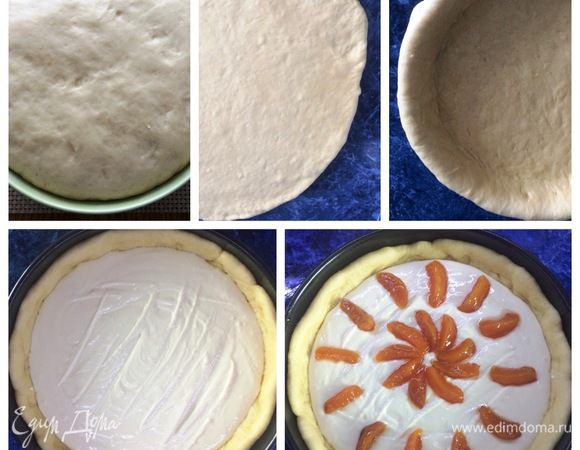 Распределяем творожную массу по центру, раскладываем персики/абрикосы из варенья и покрываем самим вареньем. Или если это джем, просто распределяем по всему творожному слою.
