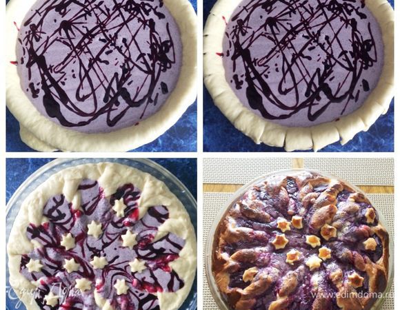 Я готовила с разными наполнителями, поэтому и фото разные.
В данном случае у меня сливочно-маковая начинка с перетертой черной смородиной. Мак нужно проварить минут 20 и пробить погружным блендером.
Пирог можно оформить по своему желанию.
С помощью ножниц можно сделать надрезы теста, примерно через 2 см. По две полоски теста скрутить вместе и уложить на начинку.
