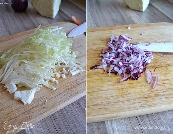 Капусту нашинкуйте и нарежьте мелко лук.