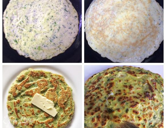 Приступаем к жарке блинов. Сковороду смазываем растительным маслом (я только для первого блина смазывала). Половником в центр сковородки налила порцию теста, при помощи спатулы (тесто не растекается и нужно ему помочь) его распределила до нужного мне размера блина. Жарим с двух сторон до готовности. Готовые блины смазываем сливочным маслом.