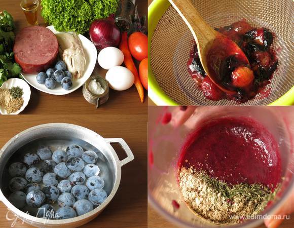 Подготовим все по списку. Из специй возьмите мяту болотную, сливы терновые.
Нагреваем сливы с небольшим количеством воды 5 — 7 минут. Перетираем через сито. Насыпаем в горячее пюре специи.