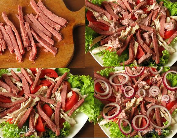 Нарезаем соломкой говядину. Выкладываем на томаты соломку. Кладем соус. Добавляем кольца лука салатного.