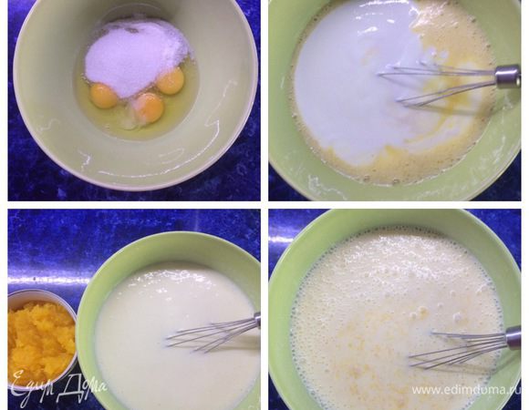 В миске взбиваем яйца с солью, сахаром, ванильным сахаром и разрыхлителем. Добавляем кефир, взбиваем, оставляем минут на 5.
Добавляем к кефирной смеси тыкву, перемешиваем.